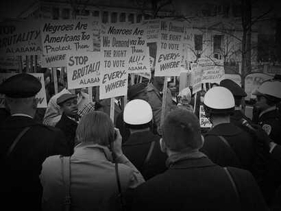 Marchers with signs at the March in Washington, USA, 1963