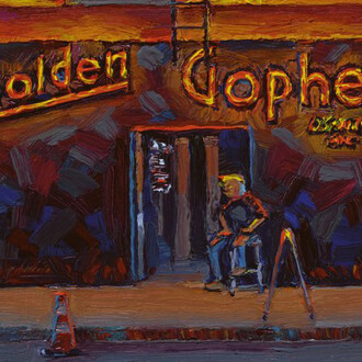 Raymond Logan, Golden Gopher at night (detail), 2024. Courtesy of Billis/Williams Gallery