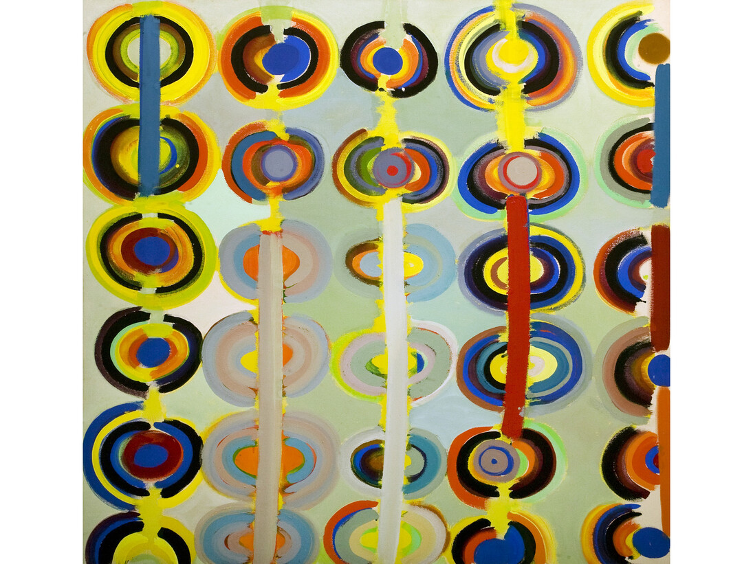 Terry Frost 1915-2003, Autumn Rings Andeuze, September 1971 1983, Acrylic paint on canvas
164.2 x 164.2 cm, The Collection: Art and Archaeology in Lincolnshire (Usher Gallery, Lincoln) © The estate of Sir Terry Frost
