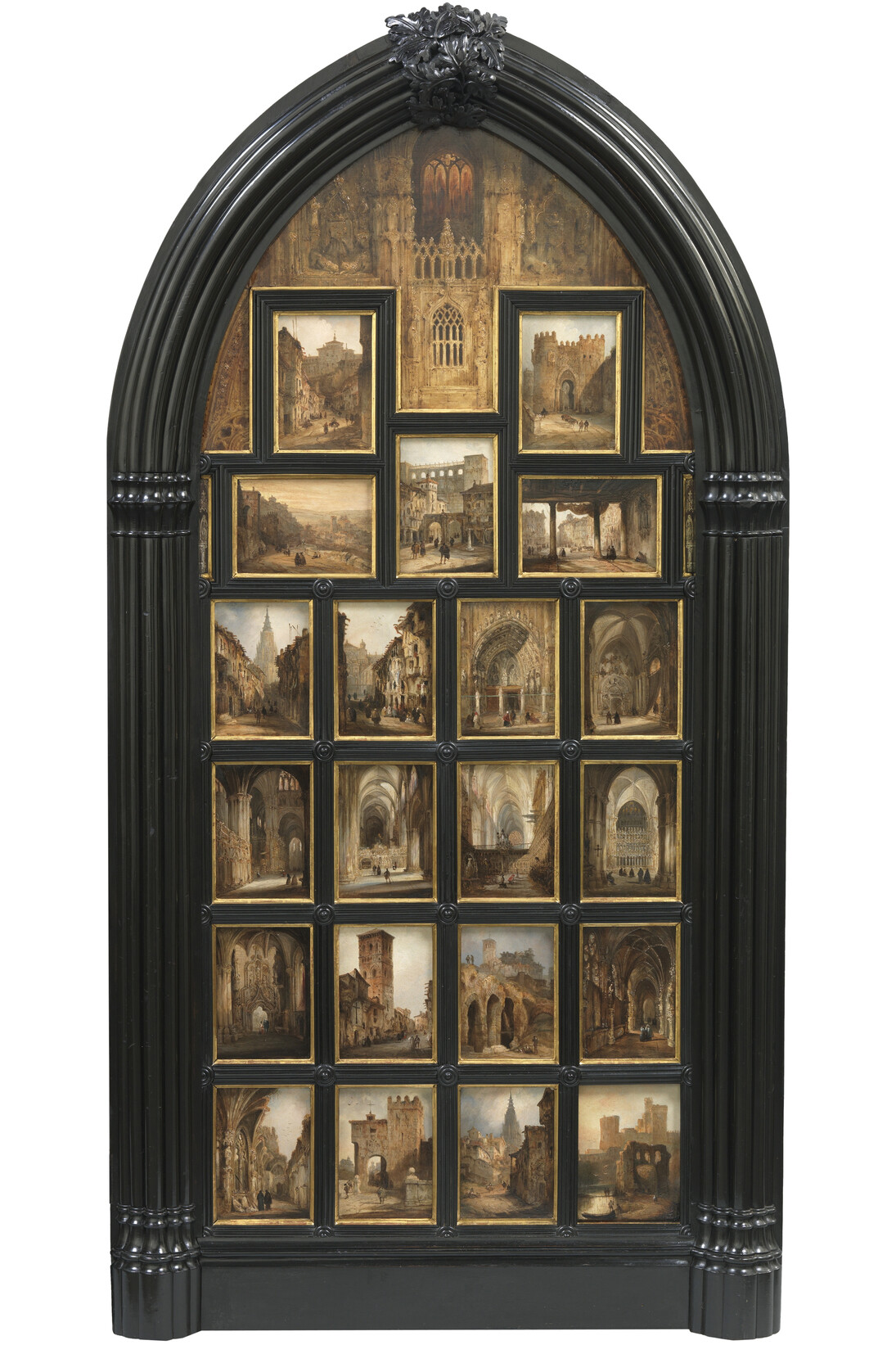 Díptico con 42 Vistas Monumentales de Ciudades Españolas, Peréz Villaamil, Óleo sobre hojalata y marco neogótico, 172,5 x 89,5 cm (hoja izquierda), Madrid, Museo Nacional del Prado