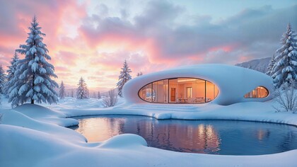 Paesaggio di montagna innevato, immagine futurista creata con l'IA