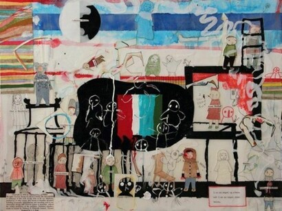 Neil Farber, Established, acrylic and collage on birch panel, 16h x 20w in.