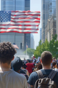 Citizens gather beneath an American waving flag, an emblem of unity and freedom