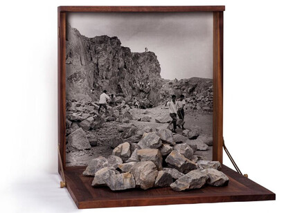 Cai Dongdong The Mountain Cutters, 2017 Gelatin silver print, stones, wood20 1/2 x 21 7/8 x 22 1/4 inches (52 × 55.5 × 56.5 cm)© Cai Dongdong, courtesy Klein Sun Gallery