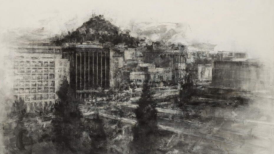 Panagiotis Beldekos, Landscapes of Athens, painting in exhibition. Courtesy of Skoufa Gallery