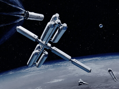 In this 1971 artist’s concept, an Earth-to-orbit fuel tanker approaches an Orbital Propellant Depot. Envisioned by planners at NASA’s Marshall Space Flight Center, the modular depot would be regularly supplied by the Space Shuttle or tanker spacecraft, providing large amounts of fuel for orbital vehicles and future space missions