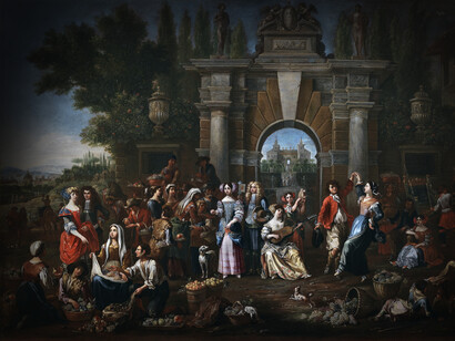 Escuela romana, Fiesta en la villa, siglos XVII-XVIII, óleo sobre lienzo, Colección particular, Roma