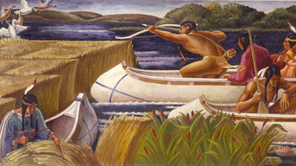 "Indianer Jäger und Reissammler", Margaret Martin, 1939. Mural im Minessota Postamt, Vereinigte Staaten