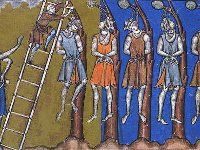 Otra ilustración medieval... ¿tal vez para recordarnos que hasta los más altos dignatarios no estaban a salvo de la barbarie?