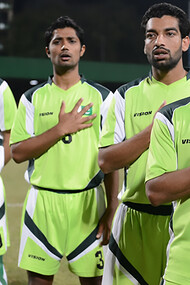 Pakistan National Football Team in Male during a friendly against Maldives in 12 February 2013. From right to left: Muhammad Adil, Samar Ishaq, Muhammad Ahmed, Hassan Bashir, Yasir Afridi, Naveed Ahmed, Kaleemullah Khan, 2013