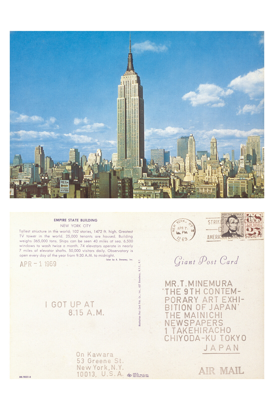 On Kawara, APR – 1 1969, From I Got Up, 1968–79, Stamped ink on postcard, 6 x 9 inches (15.2 x 23 cm). MTM Collection, Japan