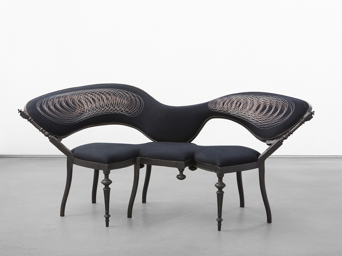 Sebastian Brajkovic, Conversation Piece, 2015, patinated bronze, cashmere wool, silk embroidery, h81 l181 w80 cm / h33.8 l73.03 w33.7 in, limited edition of 8 + 4 ap, Courtesy Carpenters Workshop Gallery
