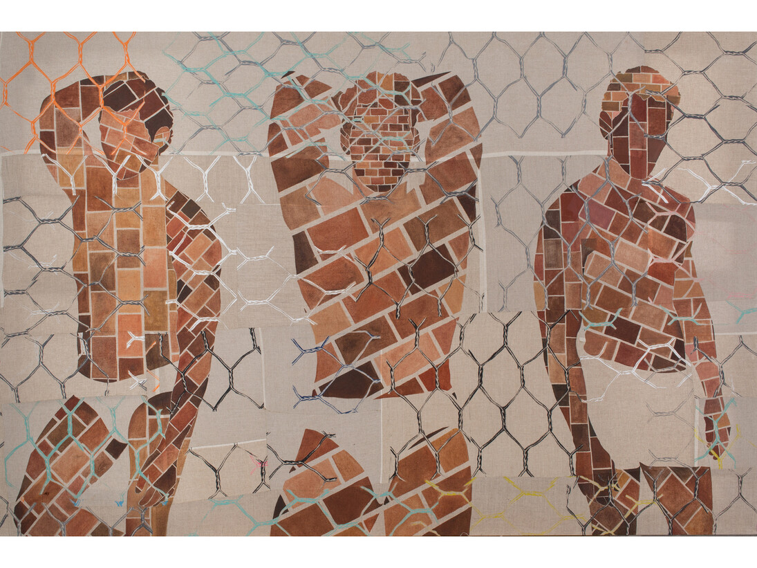 Caragh Thuring, Aggregate Man, 2015, screen printing ink, oil, charcoal on linen, 48 x 72 in. / 121.9 x 182.9 cm. Image courtesy the artist & Simon Preston Gallery, NY