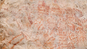 Porzione di immagine delle pitture rupestri nella caverna del Borneo scoperta nel 2018. Riscrive la storia delle testimonianze pittoriche più antiche datandole a 40000 anni fa