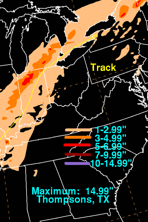 Mapa de precipitaciones durante el huracán Beryl, 6-11 de julio de 2024, Estados Unidos