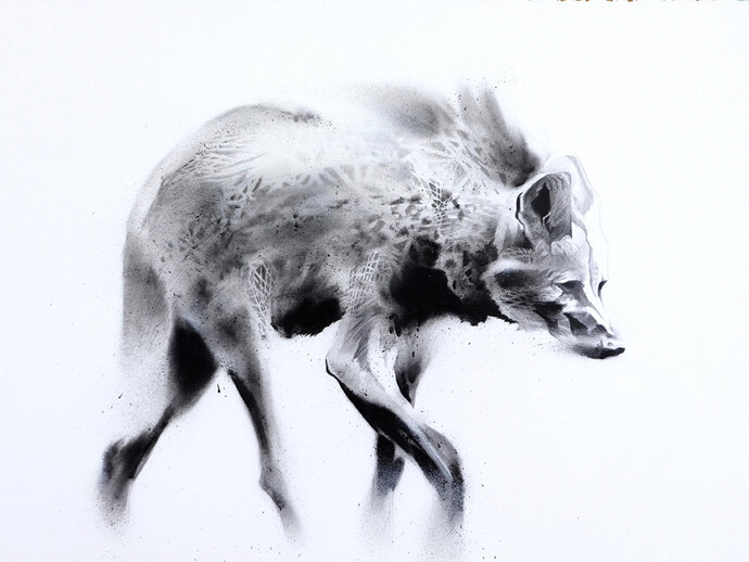 Li-Hill, Adapt, (Maned Wolf – Chrysocyon brachyurus), Graphite and aerosol on paper, 30in x 22in (76 x 56cm)