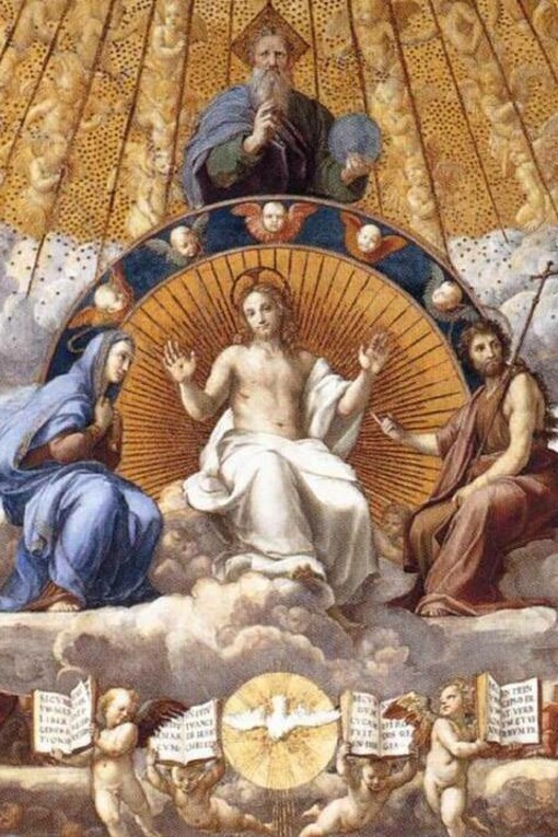 Particolare con Dio Padre, Cristo affiancato dalla Vergine e da san Giovanni Battista, lo Spirito Santo, "Disputa del Sacramento", Raffaello