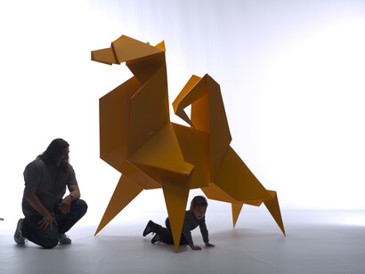 Hacer and son with “Foxy” (1/2 scale), Dogami Series. Photographer: GH Studio