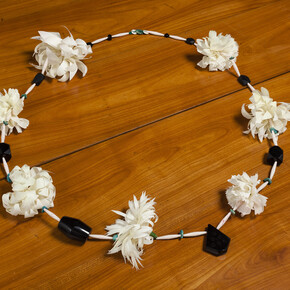 May Cornet 'Garland', 2015, jet beads, Hosokawa paper, painted paper beads with watercolour, turquoise from Lady Epstein's necklace, jade bead, bone, dimensions variable