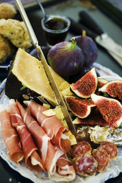 Italian Antipasto with prosciutto, sopresatta, cheese, and figs