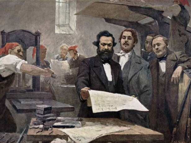 E. Capiro, Karl Marx y Engels en la imprenta del Neue Rheinische Zeitung, 1848