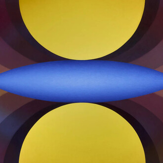 Loie Hollowell, Overview effect in yellow and blue with large mandorla, 2024. Courtesy of Pace Gallery