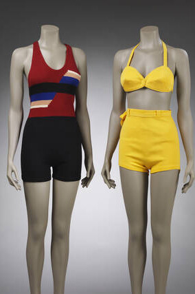 Left to right: bathing suit, Viking, 1925 – 9, UK. Given by Amy de le Haye. Museum no. T.93-1994. Two piece bathing suit, retailed by Finnigans Ltd, 1937 – 9, UK. Museum no. T.294&A-1971. © Victoria and Albert Museum, London