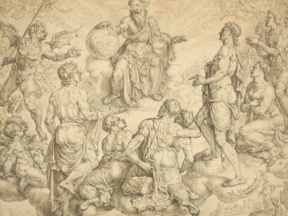Maerten van Heemskerck, Satan Challenges God to Remove His Protection from Job, 1562, pen and ink over traces of graphite, incised for transfer, National Gallery of Art, Washington, Joseph F. McCrindle Collection, 2010
One of a series of eight designs for prints depicting the biblical story of Job, this sheet shows Satan daring the Lord, at center with his hand on the globe, to rescind his protection over his most faithful servant. God accepts the challenge, allowing Satan to subject Job to a number of depredations and trials, but Job’s faith never wavers. He is shown at the lower right, his hands folded in prayer and acceptance; his wife stands beside him, urging him—without success—to curse God. Courtesy of National Gallery of Art