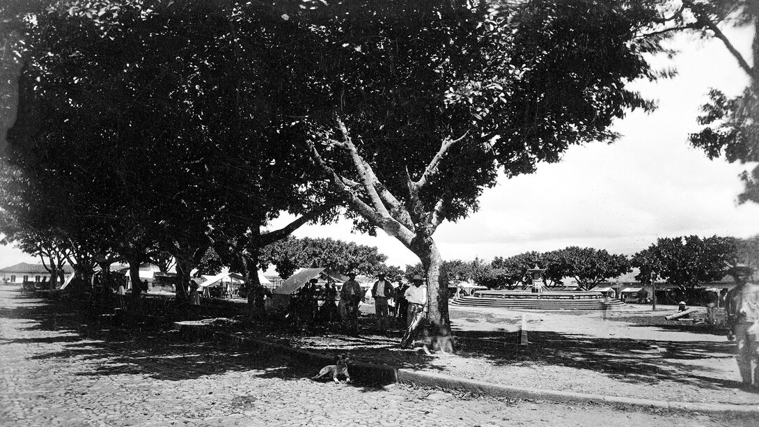 La Plaza Mayor de Cartago, hacia el año 1885. Foto de autor desconocido, propiedad del archivo Vásquez Chaverri (Alejandra Chaverri Álvarez)