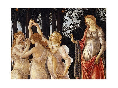 La Primavera, dipinto a tempera grassa su tavola (207 x 319 cm) di Sandro Botticelli, (1480 ca.), Galleria degli Uffizi, Firenze, Italia. Particolare. L'attenzione all'essere umano come ponte tra mondi diversi e la fusione tra filosofia e arte hanno gettato le basi per lo sviluppo di nuove prospettive sulla conoscenza, sull'identità e sulla natura stessa dell'universo