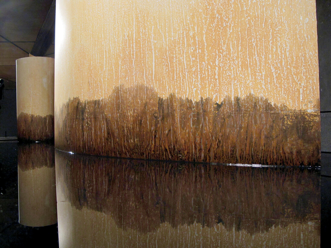 Wang Huangsheng, Seeping, 2012, Installation, Rice paper, iron plate, water, ink, time,300 x 160 x 120 cm; 118 1/10 x 63 x 47 1/4 in.