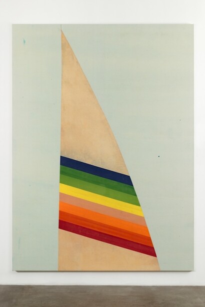 Untitled, 2016, Primer, spray paint, acrylic, white spirit, cotton canvas on wooden stretcher. Courtesy of Andrew Kreps Gallery
