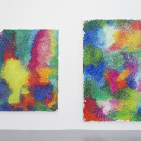 Vue de l'exposition Peter Zimmermann « sur le motif », Galerie Perrotin, Paris, 12 juin - 26 juillet 2014. "tangle" 2014, Huile sur toile, 200 x 145 cm / 78 3/4 x 57 1/8 inches & "fleur" 2014, Huile sur toile, 250 x 160 cm / 98 1/2 x 63 inches, Photo : Claire Dorn, Courtesy Galerie Perrotin