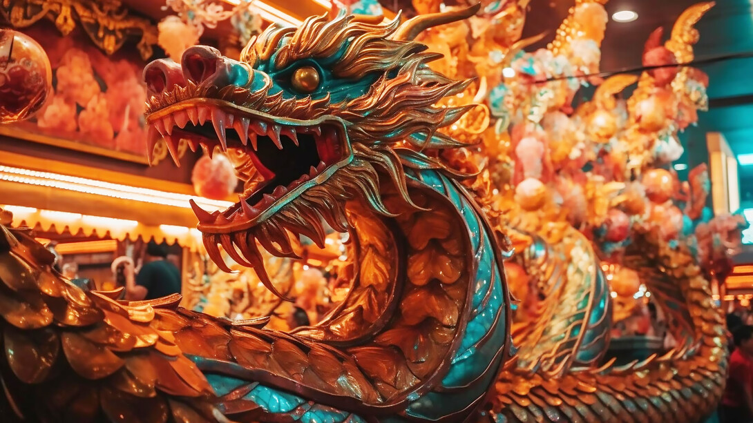 Colorful dragon statue representing Chinese spirituality, Lunar new year decorations, and the lively dragon dance tradition during the year of the dragon
