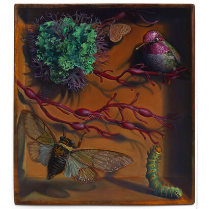 Kevin King, Diorama with Ruby Seaweed, 2014, Oil on copper plate. Work size: 6 1/2 x 6 3/4 inches, 16.5 x 17.1 cm. Framed size: 12 1/8 x 11 1/8 inches, 30.8 x 28.3 cm