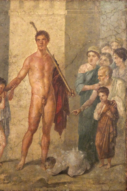 Teseo liberando a los niños atenienses tras haber matado al Minotauro en Cnosos (detalle), pintura encontrada en Pompeya