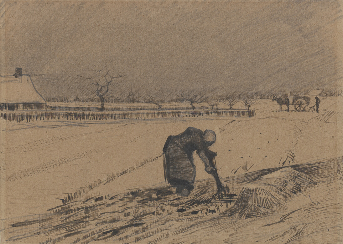 Vincent van Gogh, Contadina che spala letame in un campo innevato, Matita, penna a inchiostro nero-bruno su carta a grana fine, cm 20,7 x 28,7, 1883 Kröller-Müller Museum © Kröller-Müller Museum
