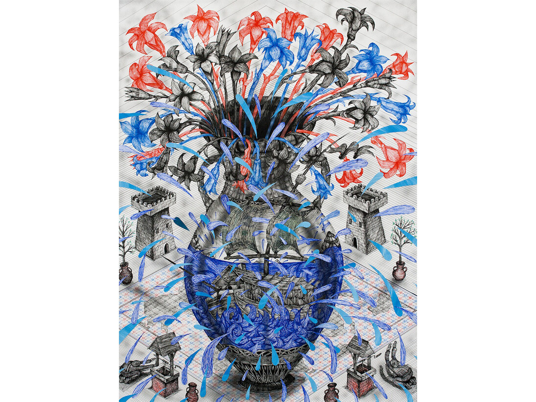 Andrew Schoultz, Vessel with Flowers, 2014, Ink, acrylic, collage, on paper, 50 x 38 inches