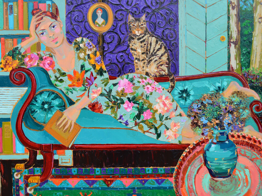 Lucy Doyle, Reading Tolstoy, Oil on Canvas, 122 x 152 cm 