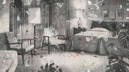 Carter, Selfsame area (although), 2010, Digitally altered and dated interior on folded and defaced laser prints, acrylic ink, acrylic paint, pencil, colored pencil, gel medium, and paper on canvas, 56 x 72 inches