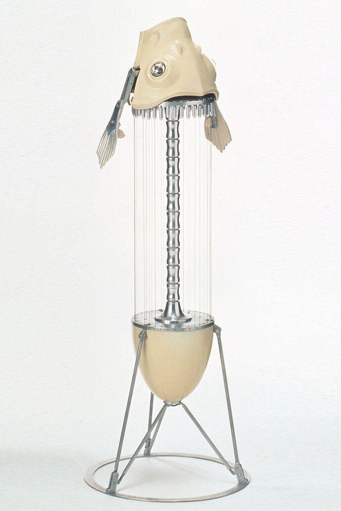 Maywa Denki, GM Na-Tate-Goto (Fish Harp), 1994, aluminum, ABS, lamp, solenoid, 98 x 36 x 36 cm