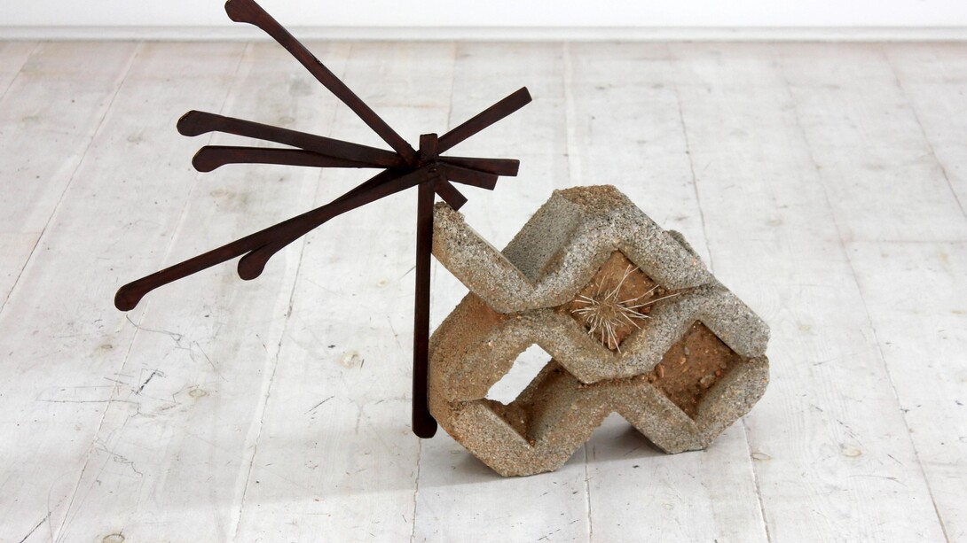Kostis Velonis, Spider's Habitat (Whistle While you Work Series), 2014 Wood, concrete soil, dried grass, seeds,insect nests, 110 x 111 x 10 cm, Courtesy Kalfayan Galleries, Athens-Thessaloniki
