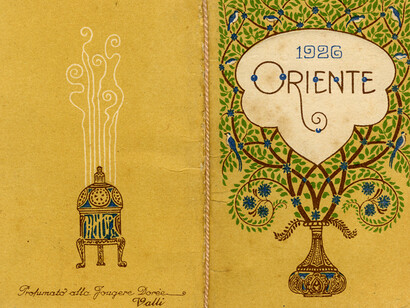 Oriente, 1926, Off. G. Ricordi & C., Milano
Pubblicità profumeria Valli, Milano
Calendarietto al profumo di 'Fougère Dorée'

