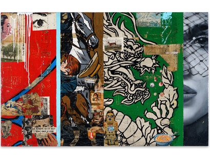 Greg Miller, Western (Dragon), 2022, Acrylic and collage on canvas, 45x70 inches. Courtesy the artist and William Turner Gallery
