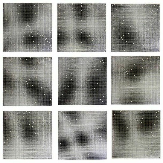 Jennifer Bartlett, Count, 1972, enamel over silk screened on baked enamel steel plates, (9) 12 x 12 inch plates. Private collection, courtesy of Norte Maar