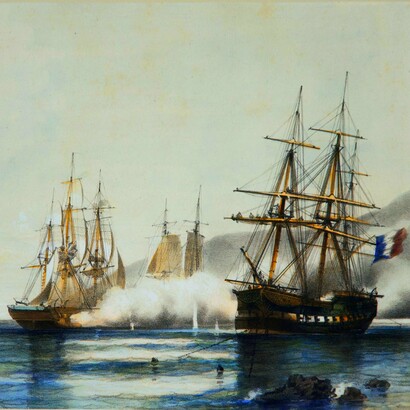 Pintura anónima de aproximadamente 1850 que representa el Combate de la Vuelta de Obligado