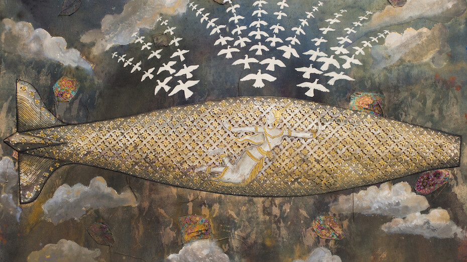 Leang Seckon, Celebrating Bomb God, 2015 mixed media on canvas , 59 x 78.7 inches/150 x 200 cm 
Photo courtesy of Sundaram Tagore Gallery
