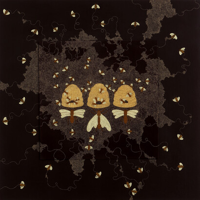 Stephanie Wilde, Off Course, 2014, ink, acrylic and gold leaf on museum board. Courtesy the artist and Stewart Gallery