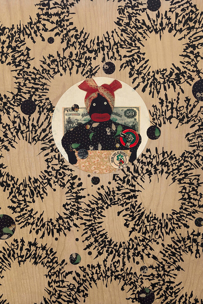 On the Money 4, 2016, ink on wood panel, 24 x 18"