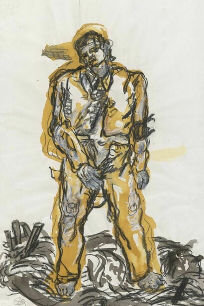 Ein neuer Typ (‘A New Type’), 1965, Georg Baselitz (b.1938), grey and yellow ochre watercolour, charcoal, graphite and white pastel on paper. Presented to the British Museum by Count Christian Duerckheim. Reproduced by permission of the artist, © Georg Baselitz